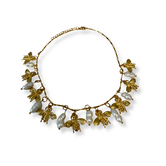 Collar Abeja Y Perlas Dorados