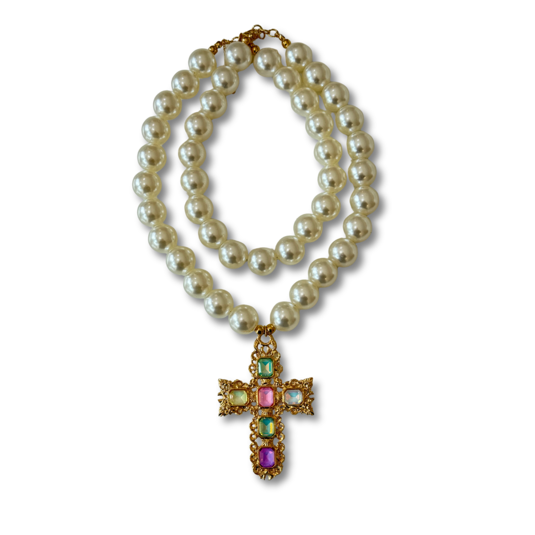 Collar Doble Perla Cruz Arcoíris