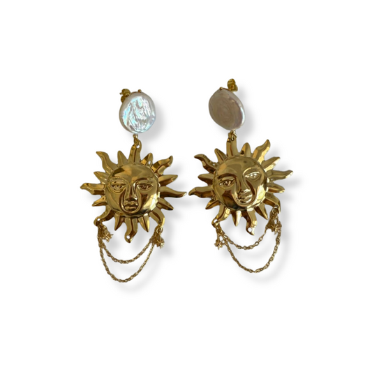 Aretes Dorados Sol Con Perla