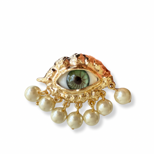 Anillo ojo verde con perlas colgantes