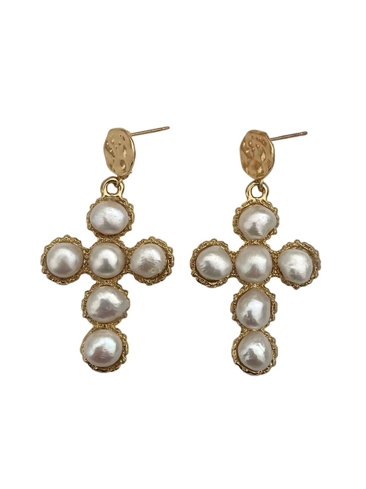 Aretes Cruz perlas